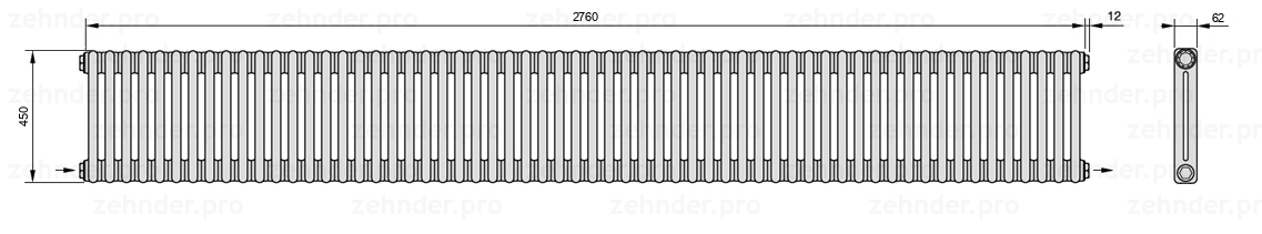 Схема (чертеж) Радиатор Zehnder Charleston 2045/60 №2670 Белый глянцевый RAL 9016
